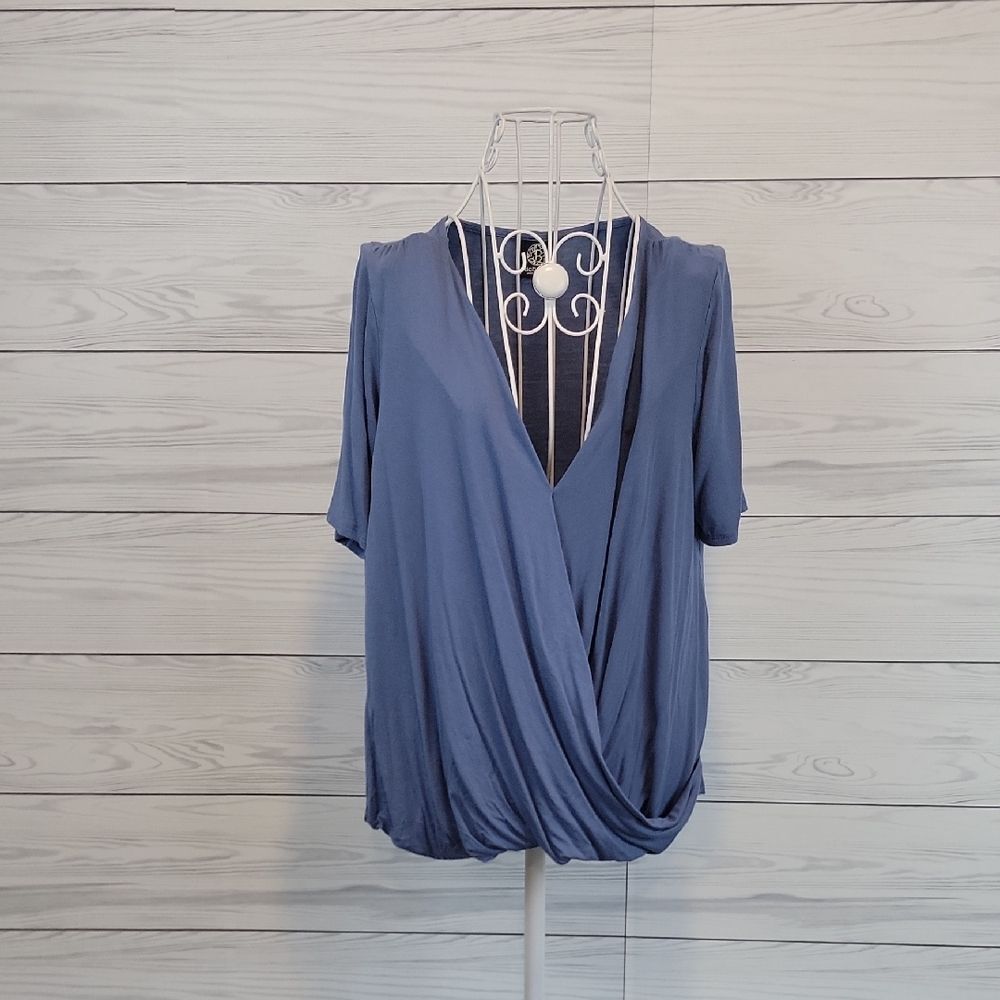 bobeau Slate Blue Draped Surplice Blouse